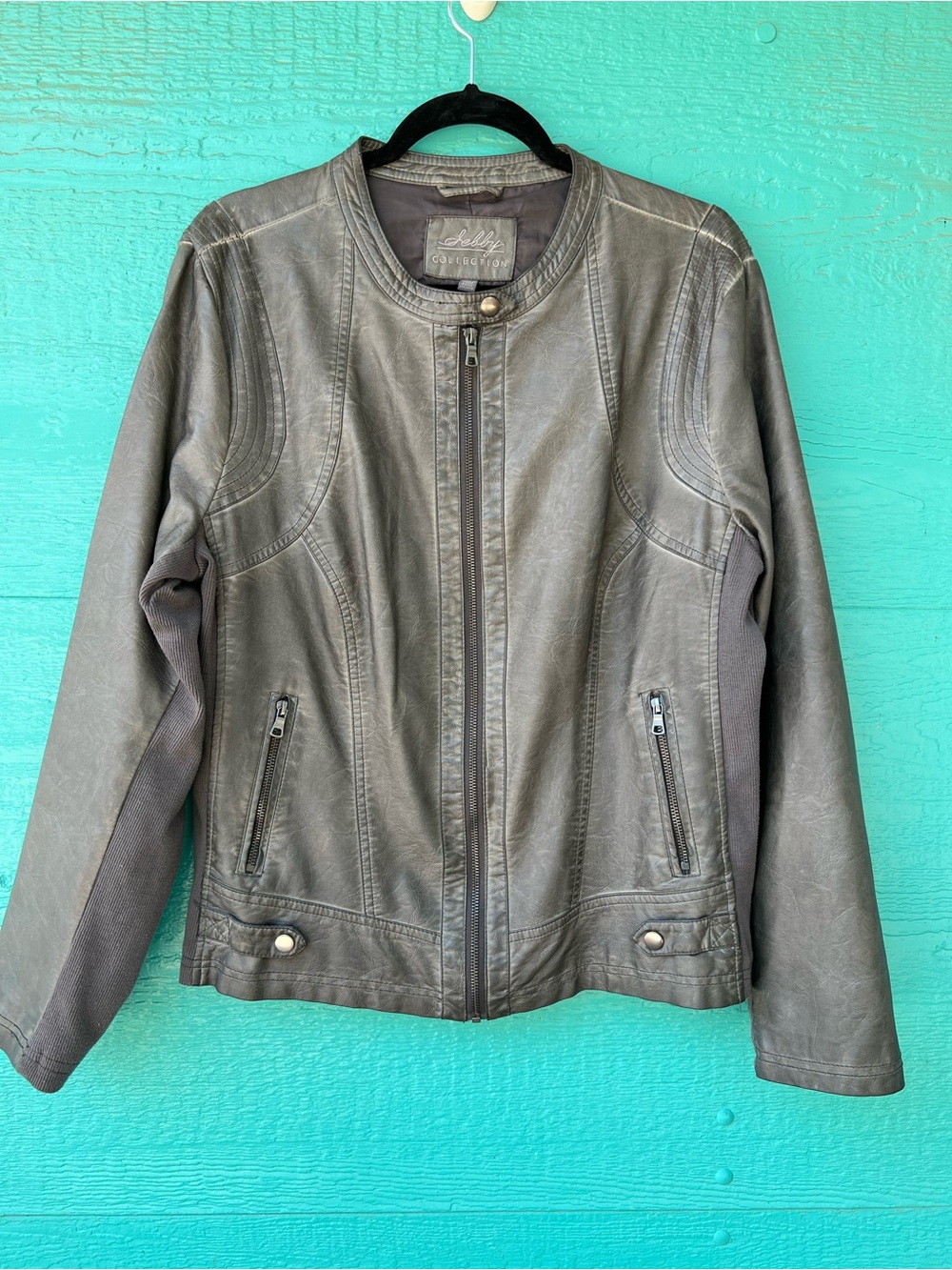 Selby Collection Gray Distressed Faux Leather Moto Jacket XL